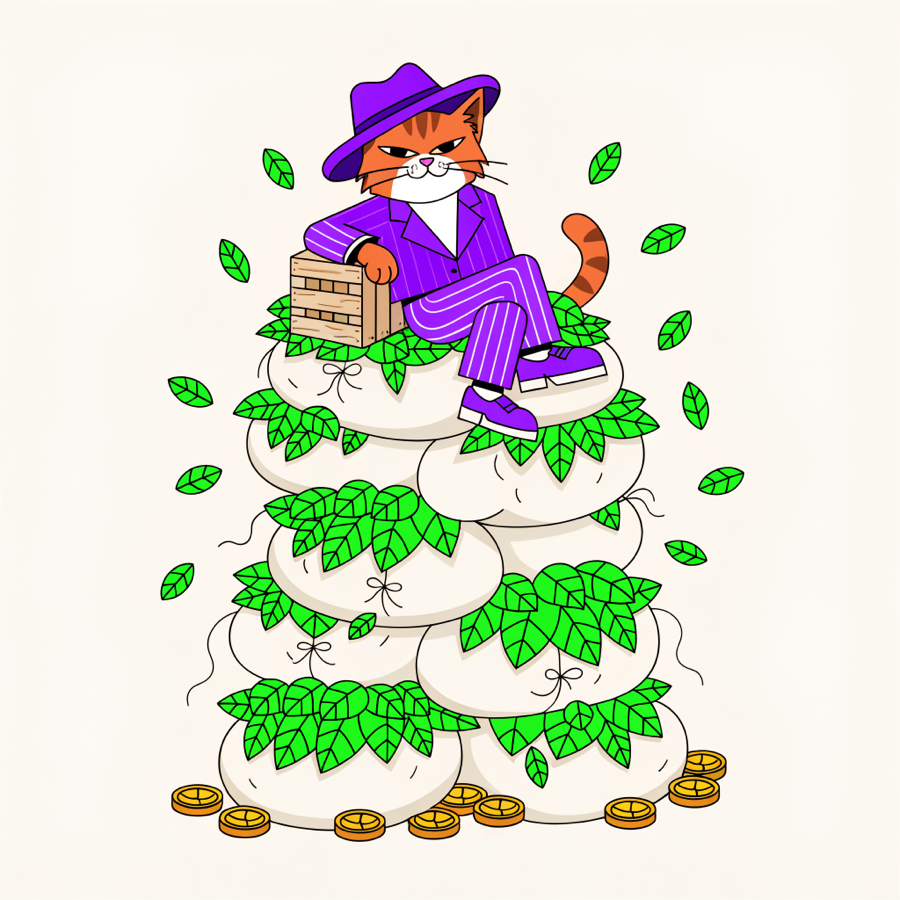 El Gato sitting on top of a stack of catnip sacks